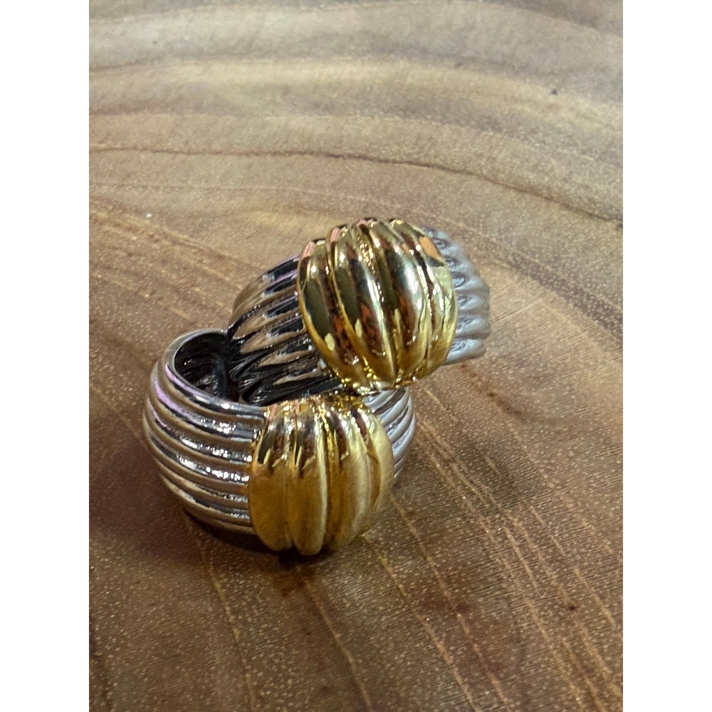 Vintage Style Two‎ Tone Ribbed Hoop Earrings Mixed Metal C-Hoops Post NEW